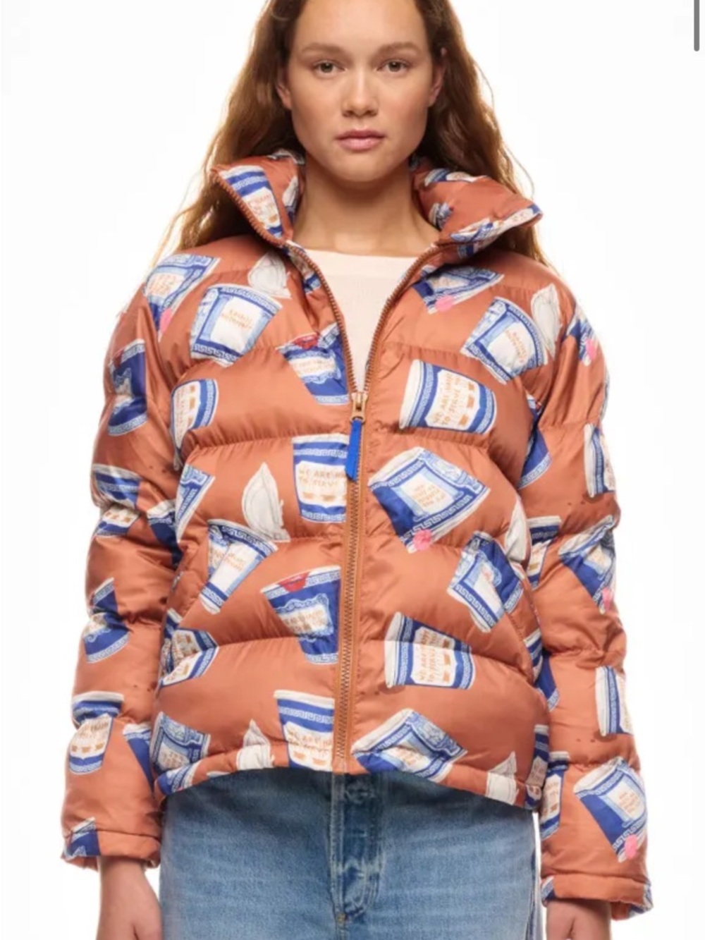 Rachel Antonoff Orange Quilted puffer Jacket with  coffee cups